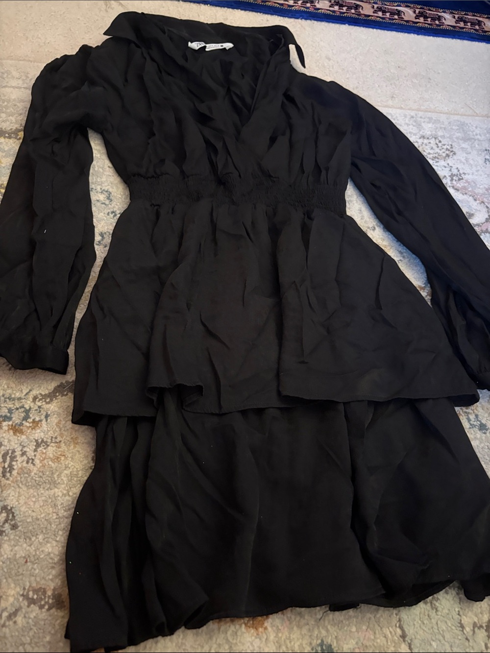 Zara Black Long-Sleeve Tiered Midi Dress
